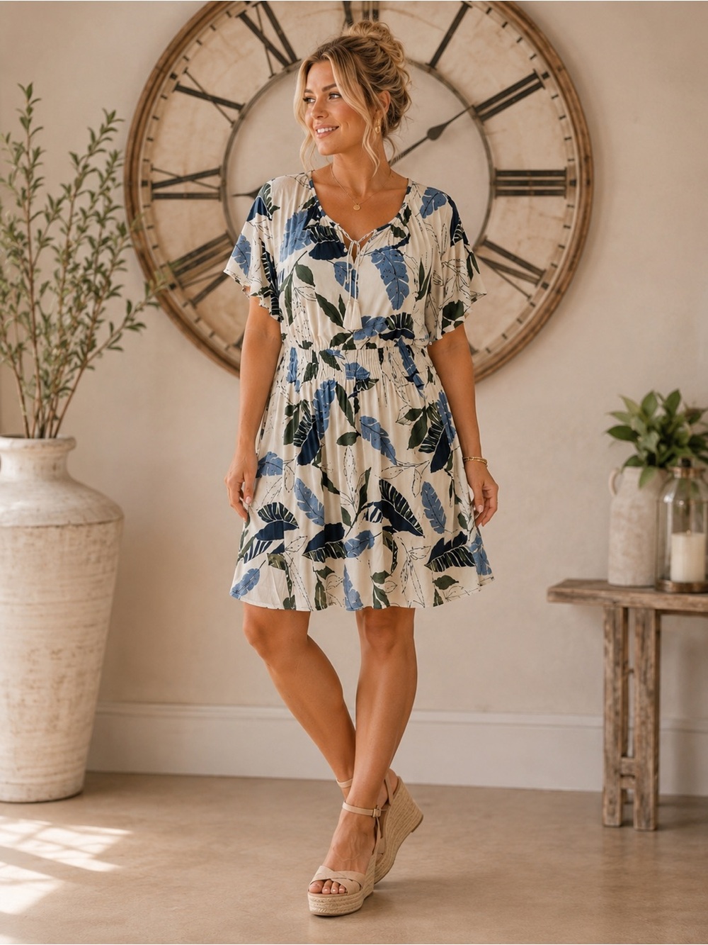 037  NWT Tahari Cream Dress with Blue and Green Leaf Design